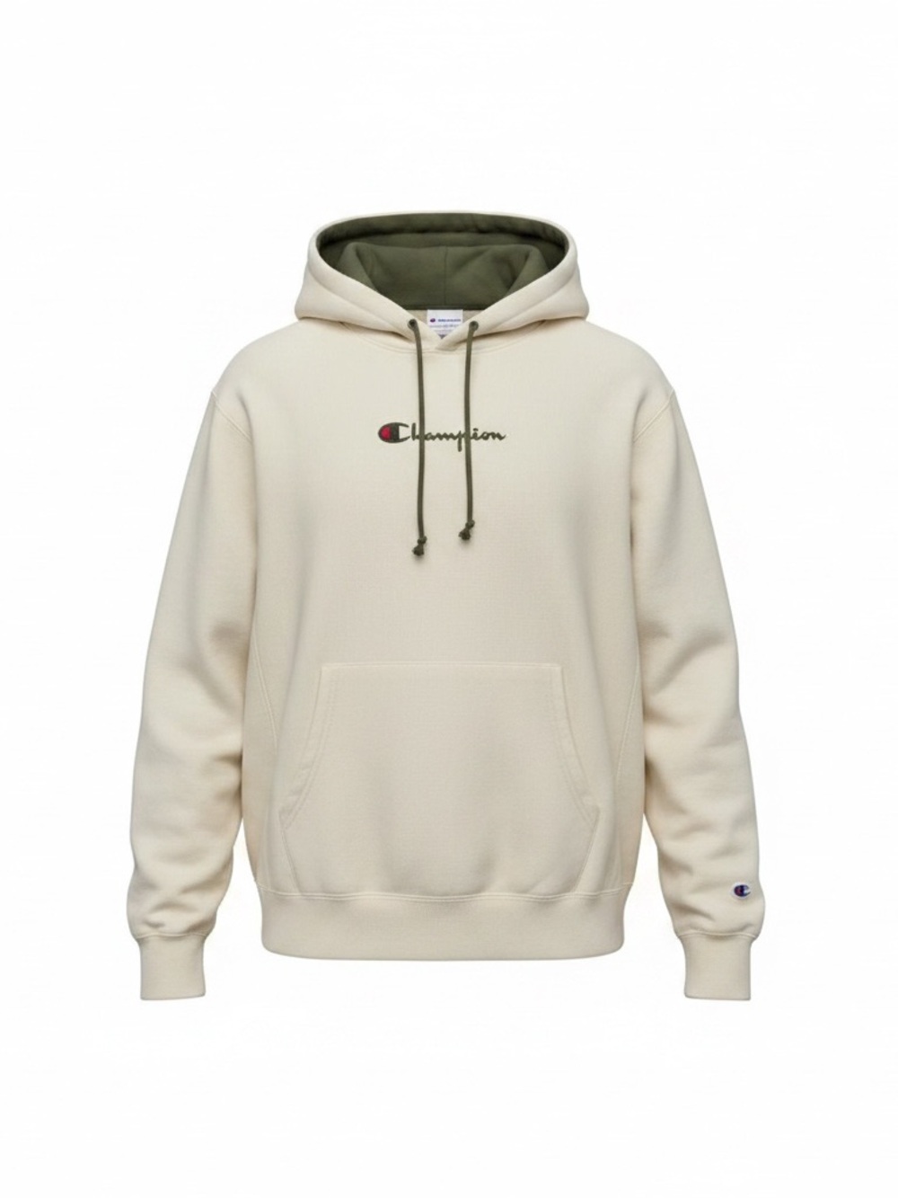 Champion Cream Hoodie with Olive Hood Lining and Drawstrings